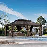 14 Ft. X 20 Ft. Double Galvanized Steel Roof Aluminum Frame Outdoor Patio Hardtop Gazebo with Netting and Curtains