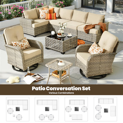 9 Pieces Patio Furniture Set outside Furniture Wicker Patio Conversation Set with Swivel Chairs, Outdoor Furniture for Garden, Beige