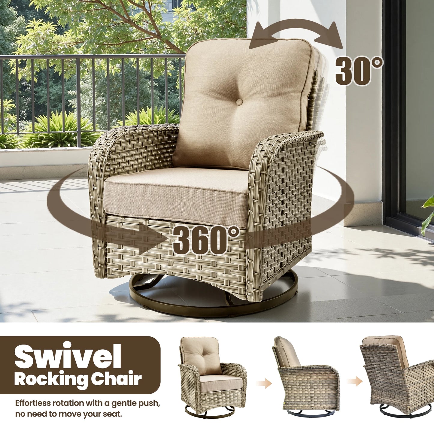 9 Pieces Patio Furniture Set outside Furniture Wicker Patio Conversation Set with Swivel Chairs, Outdoor Furniture for Garden, Beige