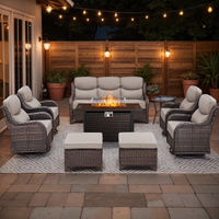 Patio Furniture Set Designed for Outdoor Living, 9 Pieces, Fire Pit Table, 6-Inch Thick Cushions, PE Wicker