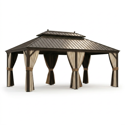 14 Ft. X 20 Ft. Double Galvanized Steel Roof Aluminum Frame Outdoor Patio Hardtop Gazebo with Netting and Curtains — Studio Shot