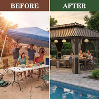 14 Ft. X 22 Ft. Double Galvanized Steel Roof Aluminum Frame Outdoor Patio Hardtop Gazeb with Netting and Curtains — Before & After