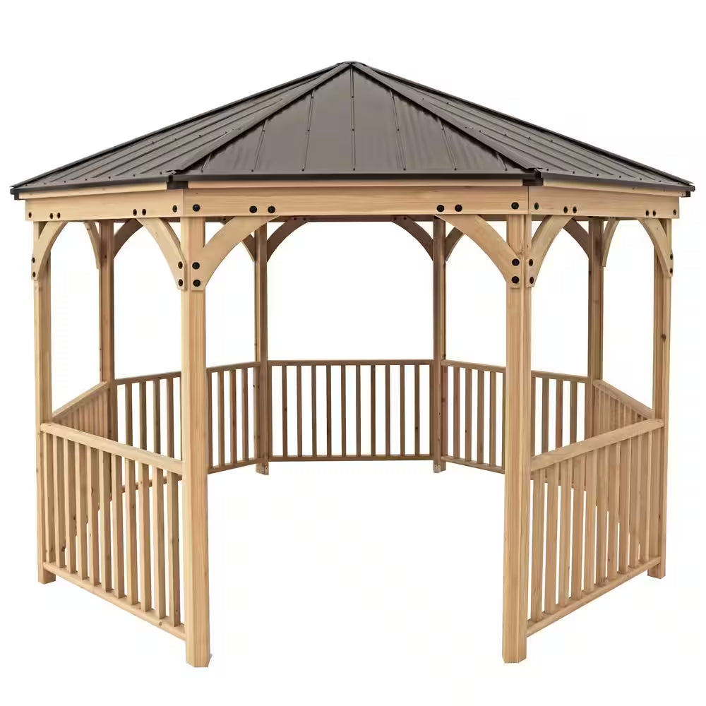 DIY Meridian 12 Ft. Octagon Enclosed Wood Outdoor Patio Gazebo with Brown Hardtop Metal Roof and 36 In. Guard Rail