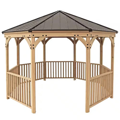 DIY Meridian 12 Ft. Octagon Enclosed Wood Outdoor Patio Gazebo with Brown Hardtop Metal Roof and 36 In. Guard Rail