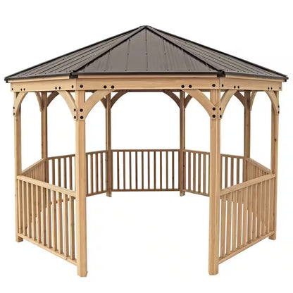 DIY Meridian 12 Ft. Octagon Enclosed Wood Outdoor Patio Gazebo with Brown Hardtop Metal Roof and 36 In. Guard Rail