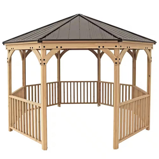 DIY Meridian 12 Ft. Octagon Enclosed Wood Outdoor Patio Gazebo with Brown Hardtop Metal Roof and 36 In. Guard Rail