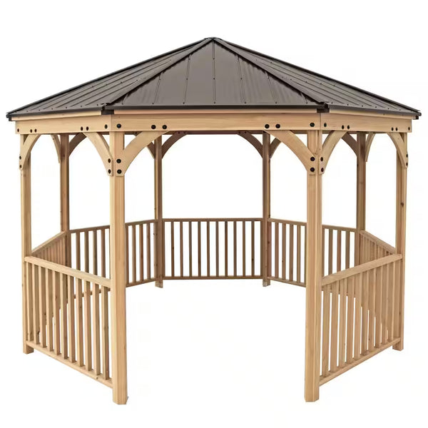 DIY Meridian 12 Ft. Octagon Enclosed Wood Outdoor Patio Gazebo with Brown Hardtop Metal Roof and 36 In. Guard Rail