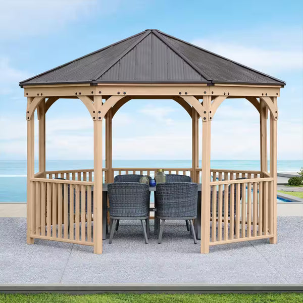 DIY Meridian 12 Ft. Octagon Enclosed Wood Outdoor Patio Gazebo with Brown Hardtop Metal Roof and 36 In. Guard Rail