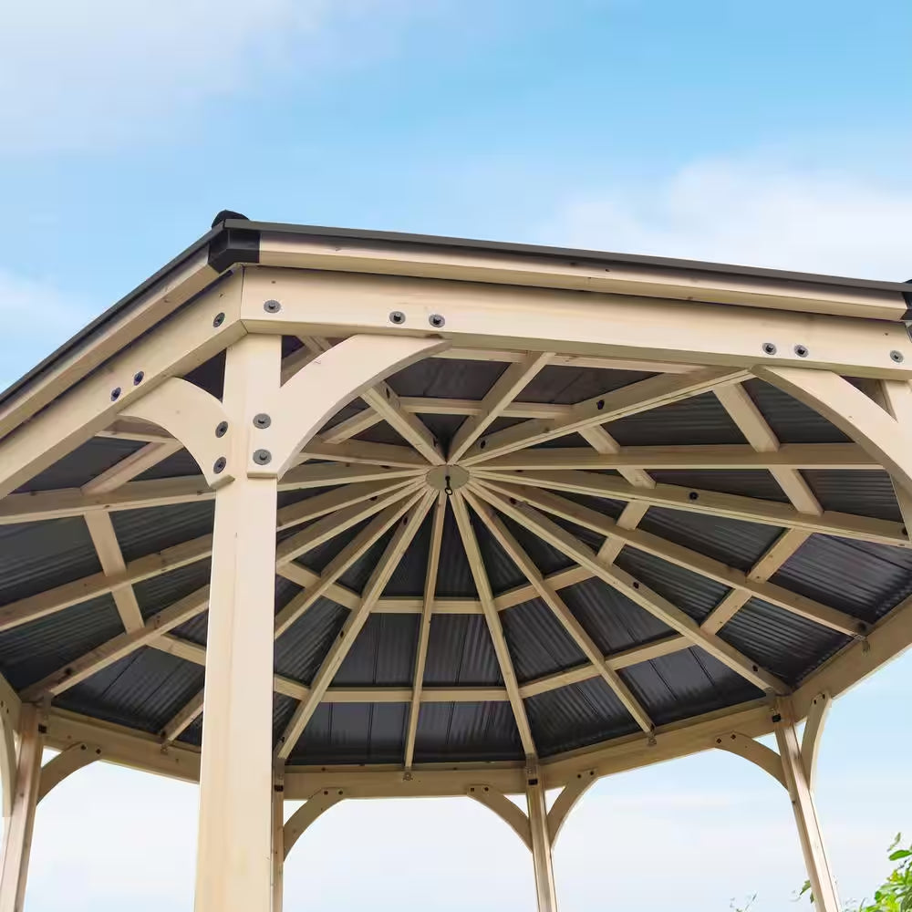 DIY Meridian 12 Ft. Octagon Enclosed Wood Outdoor Patio Gazebo with Brown Hardtop Metal Roof and 36 In. Guard Rail
