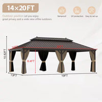 14 Ft. X 20 Ft. Double Galvanized Steel Roof Aluminum Frame Outdoor Patio Hardtop Gazebo with Netting and Curtains