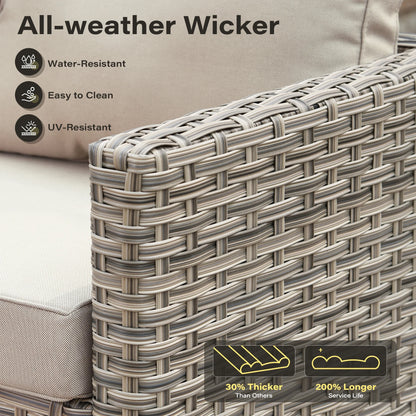 9 Pieces Patio Furniture Set All Weather Wicker Outdoor Conversation Set with 42" Fire Pit outside Furniture Patio Sofa with Swivel Chairs & Solar Table, Beige