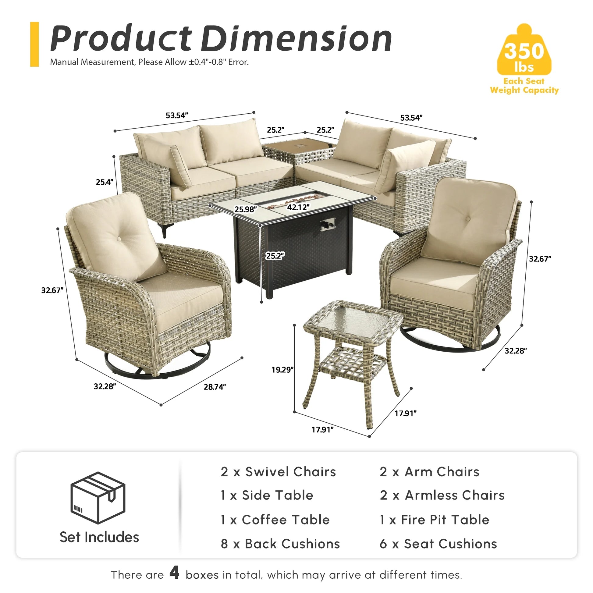 9 Pieces Patio Furniture Set All Weather Wicker Outdoor Conversation Set with 42" Fire Pit outside Furniture Patio Sofa with Swivel Chairs & Solar Table, Beige
