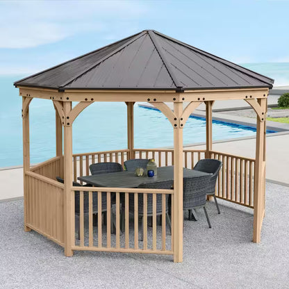 DIY Meridian 12 Ft. Octagon Enclosed Wood Outdoor Patio Gazebo with Brown Hardtop Metal Roof and 36 In. Guard Rail