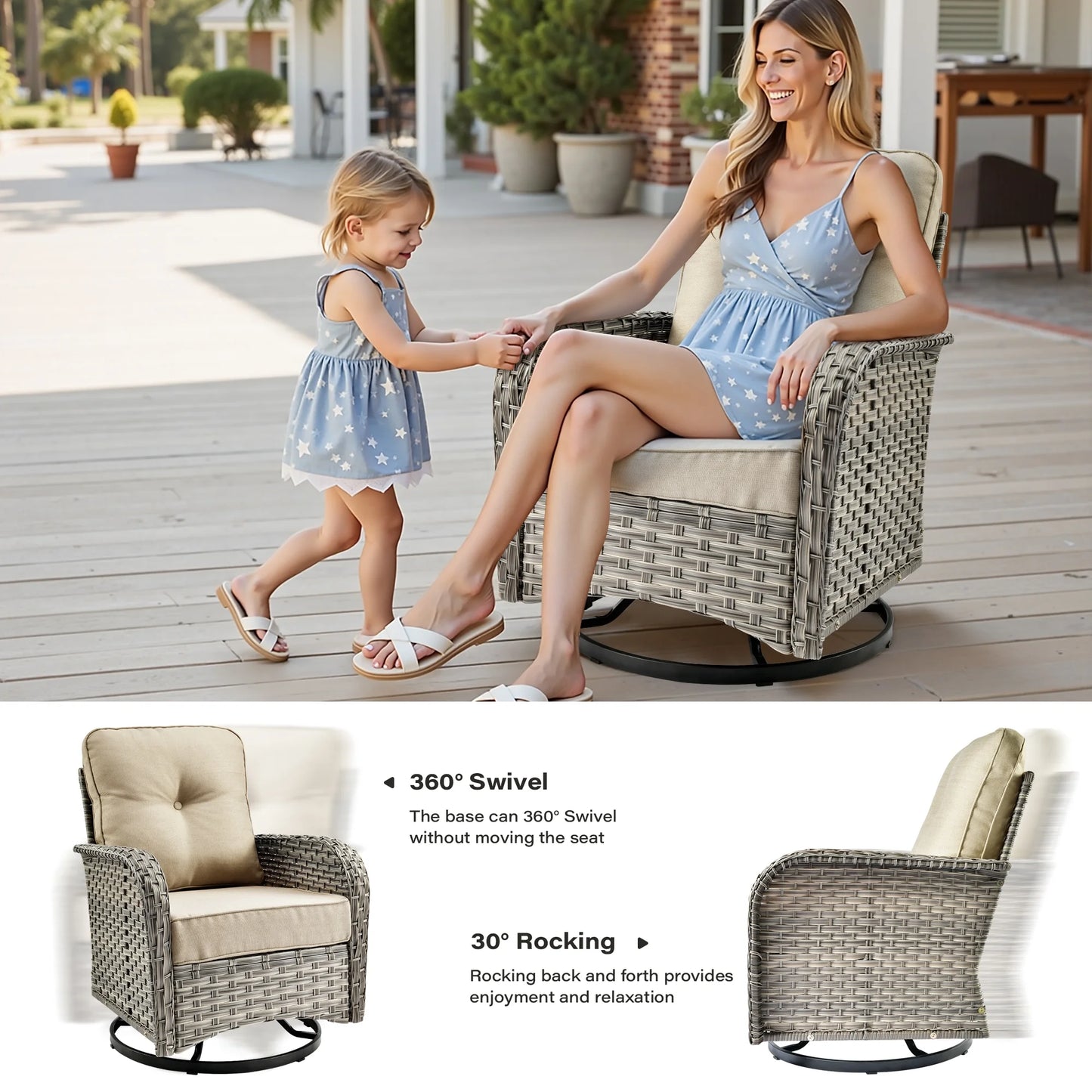 9 Pieces Patio Furniture Set All Weather Wicker Outdoor Conversation Set with 42" Fire Pit outside Furniture Patio Sofa with Swivel Chairs & Solar Table, Beige
