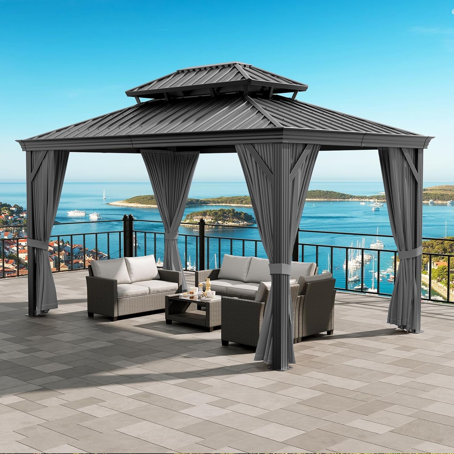 12'X14' Hardtop Gazebo, Heavy Duty Aluminum Permanent Hardtop Gazebo Outdoor Pavilion with Curtains and Netting for Garden