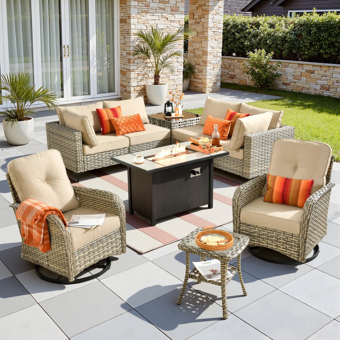 9 Pieces Patio Furniture Set All Weather Wicker Outdoor Conversation Set with 42" Fire Pit outside Furniture Patio Sofa with Swivel Chairs & Solar Table, Beige