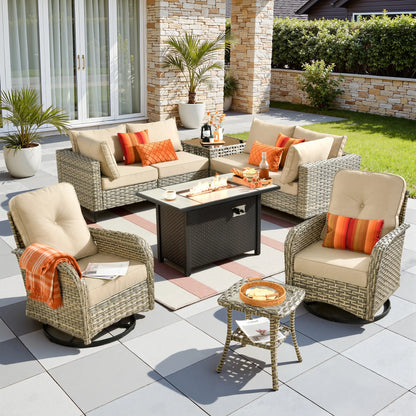 9 Pieces Patio Furniture Set All Weather Wicker Outdoor Conversation Set with 42" Fire Pit outside Furniture Patio Sofa with Swivel Chairs & Solar Table, Beige