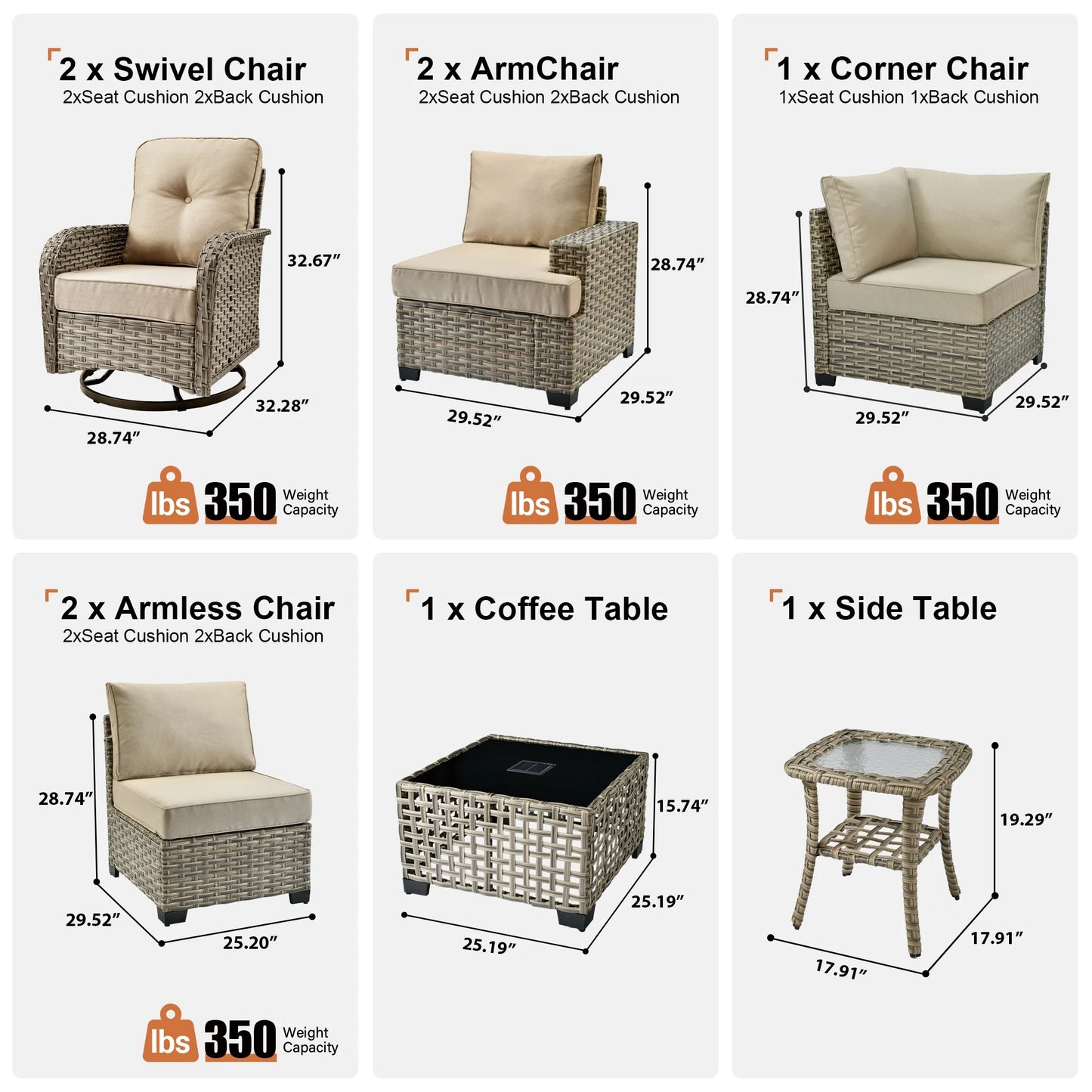 9 Pieces Patio Furniture Set outside Furniture Wicker Patio Conversation Set with Swivel Chairs, Outdoor Furniture for Garden, Beige