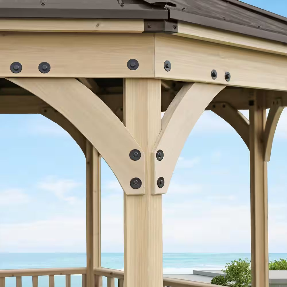 DIY Meridian 12 Ft. Octagon Enclosed Wood Outdoor Patio Gazebo with Brown Hardtop Metal Roof and 36 In. Guard Rail