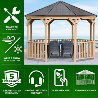 DIY Meridian 12 Ft. Octagon Enclosed Wood Outdoor Patio Gazebo with Brown Hardtop Metal Roof and 36 In. Guard Rail