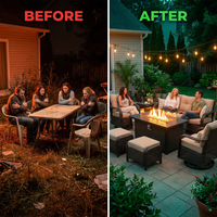 9 Pieces Patio Furniture Sets with Fire Pit Table,Swivel Chairs with 6" Thick Cushion,Sofa and Ottomans,Patio Conversation Sets for Porch Deck Garden Backyard — Before & After