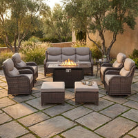 9 Pieces Patio Furniture Sets with Fire Pit Table,Swivel Chairs with 6" Thick Cushion,Sofa and Ottomans,Patio Conversation Sets for Porch Deck Garden Backyard — Studio Shot