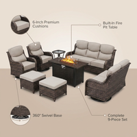 9 Pieces Patio Furniture Sets with Fire Pit Table,Swivel Chairs with 6" Thick Cushion,Sofa and Ottomans,Patio Conversation Sets for Porch Deck Garden Backyard — infographic