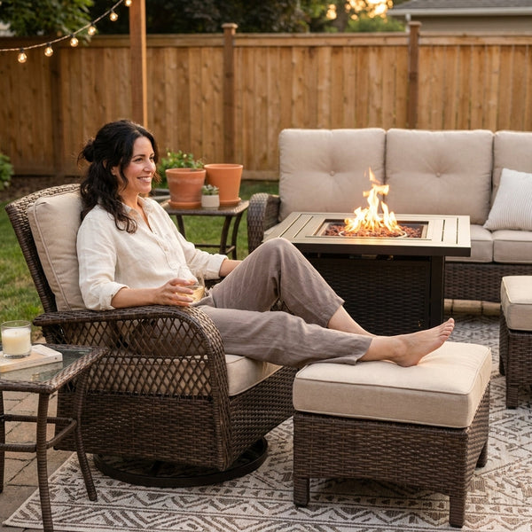 Patio Furniture Set Designed for Outdoor Living, 9 Pieces, Fire Pit Table, 6-Inch Thick Cushions, PE Wicker