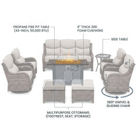 9 Pieces Patio Furniture Sets with Fire Pit Table,Swivel Chairs with 6" Thick Cushion,Sofa and Ottomans,Patio Conversation Sets for Porch Deck Garden Backyard — How It Works