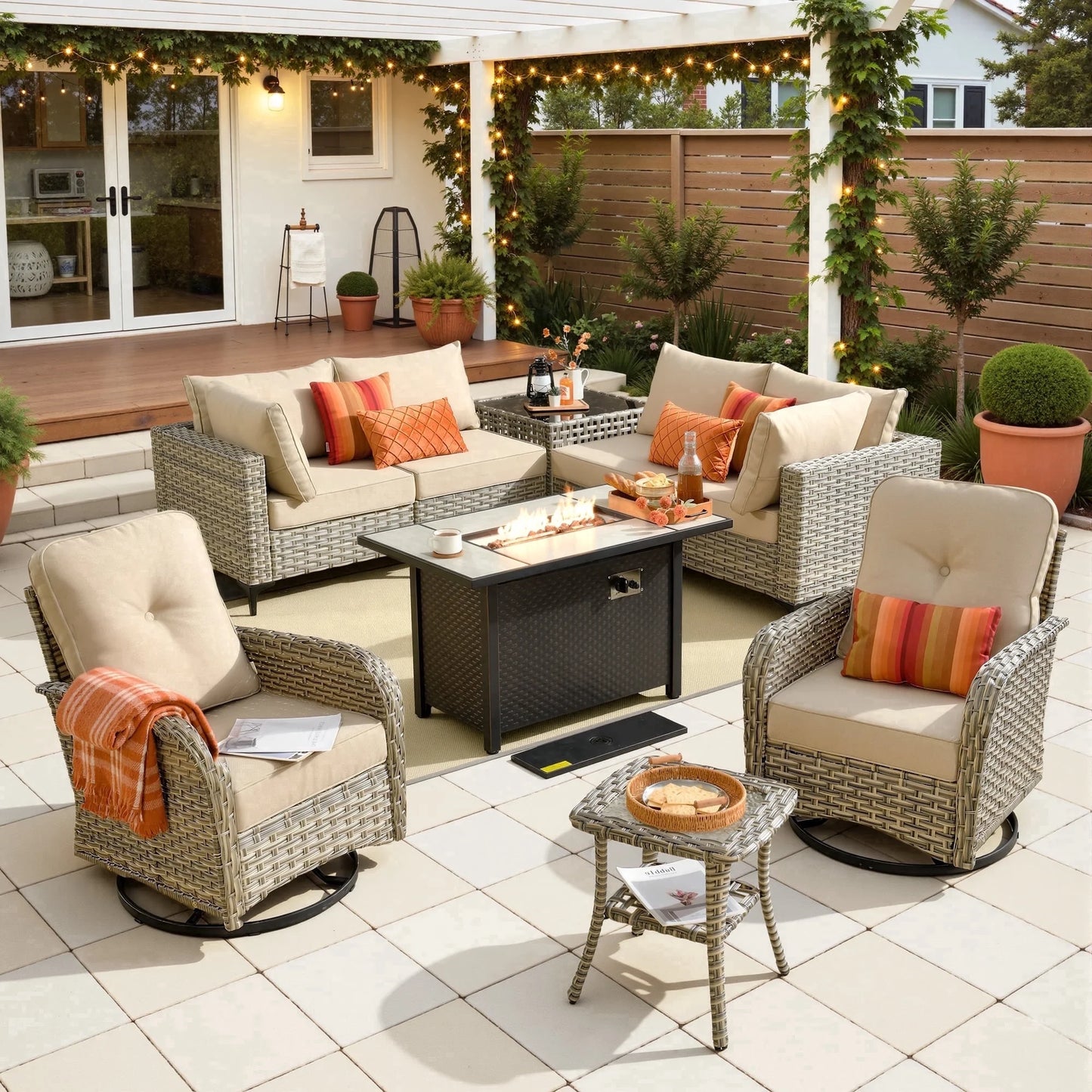 9 Pieces Patio Furniture Set All Weather Wicker Outdoor Conversation Set with 42" Fire Pit outside Furniture Patio Sofa with Swivel Chairs & Solar Table, Beige