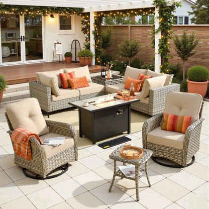 9 Pieces Patio Furniture Set All Weather Wicker Outdoor Conversation Set with 42" Fire Pit outside Furniture Patio Sofa with Swivel Chairs & Solar Table, Beige