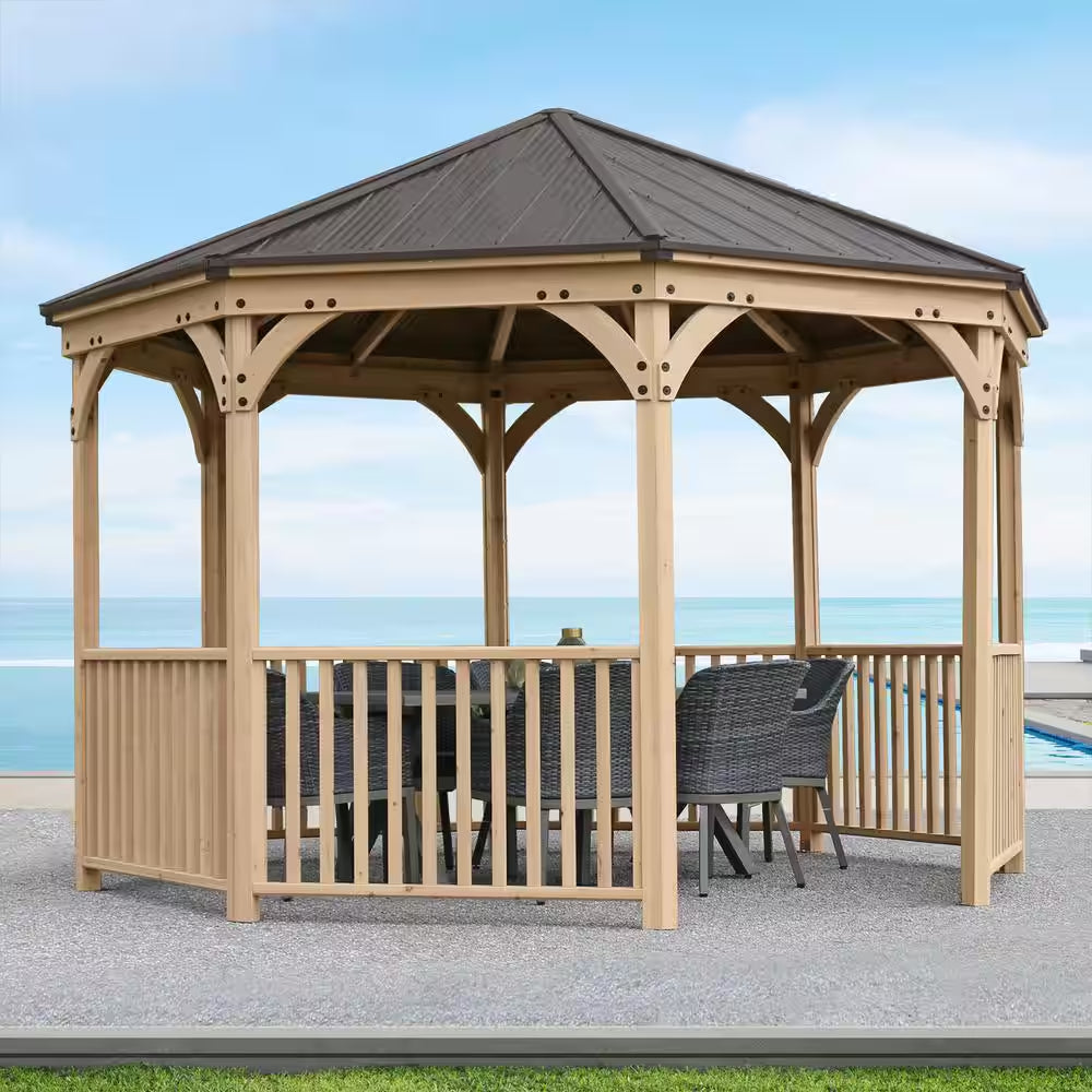 DIY Meridian 12 Ft. Octagon Enclosed Wood Outdoor Patio Gazebo with Brown Hardtop Metal Roof and 36 In. Guard Rail