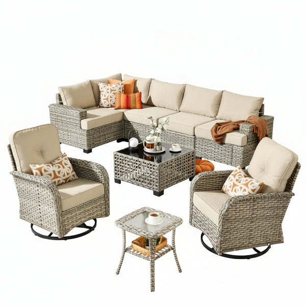 9 Pieces Patio Furniture Set outside Furniture Wicker Patio Conversation Set with Swivel Chairs, Outdoor Furniture for Garden, Beige