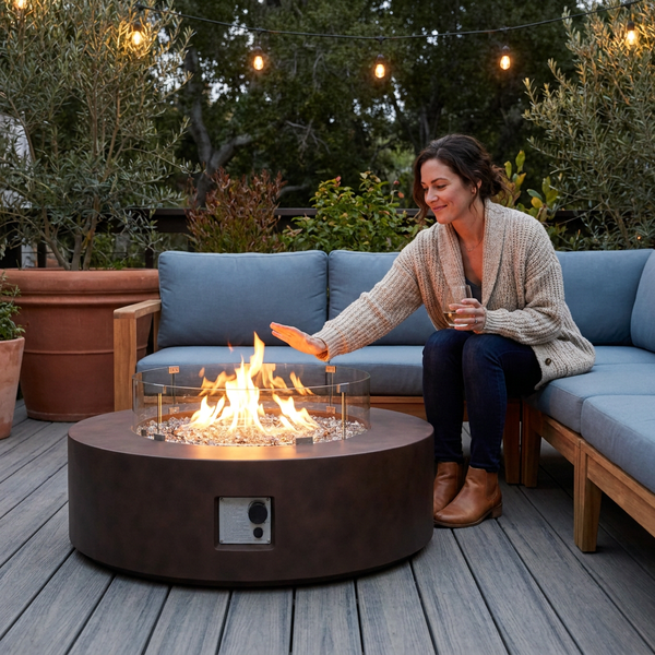 Propane Fire Pit Table Designed for Outdoor Entertaining, Wind Guard Protection, Glass Fire Media, Waterproof Cover