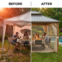 Outdoor Hardtop Gazebo Built for Year-Round Entertaining, Double Galvanized Steel Roof, Aluminum Frame, Curtains — Before & After