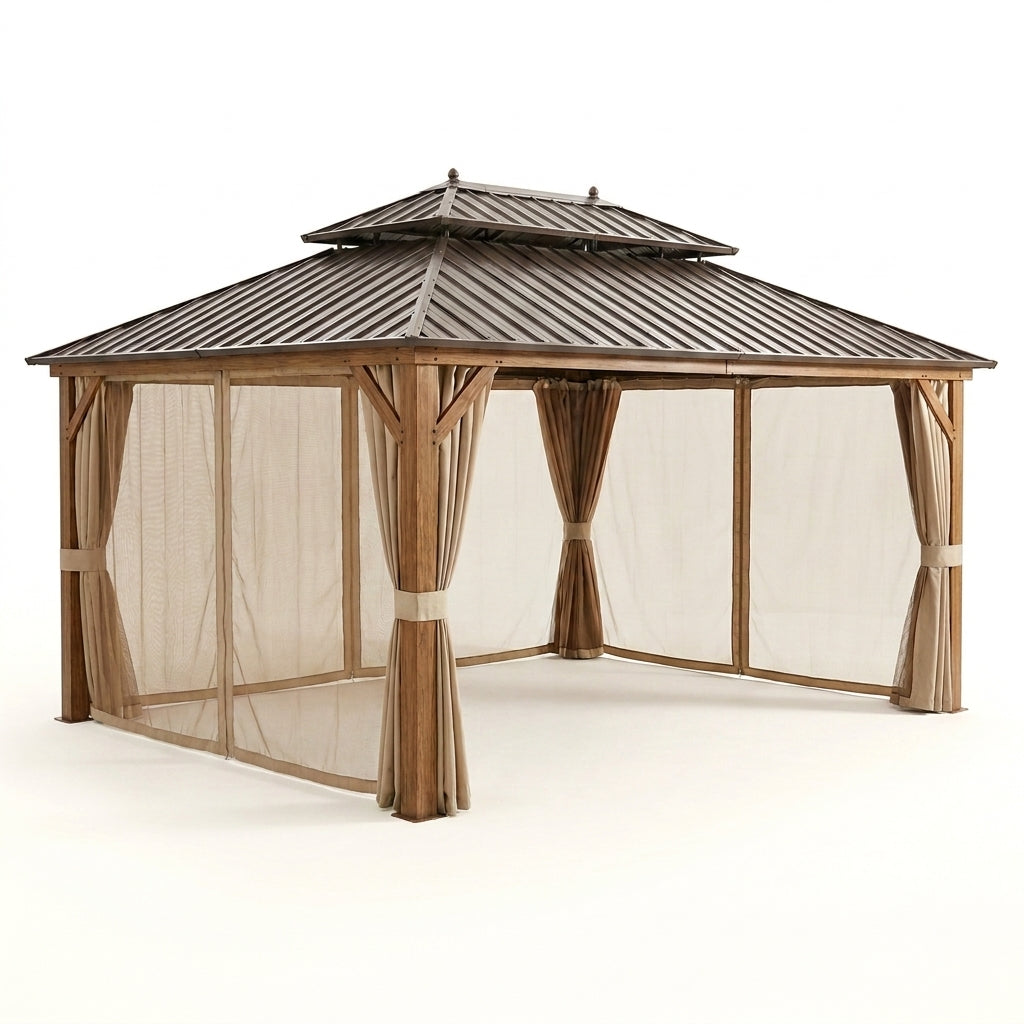 Outdoor Hardtop Gazebo Built for Year-Round Entertaining, Double Galvanized Steel Roof, Aluminum Frame, Curtains — Studio Shot