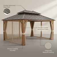 Outdoor Hardtop Gazebo Built for Year-Round Entertaining, Double Galvanized Steel Roof, Aluminum Frame, Curtains — infographic