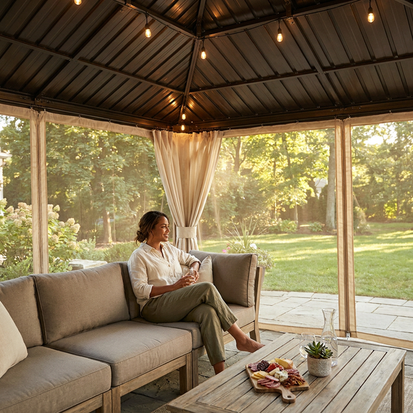 Hardtop Gazebo Built for Year-Round Entertaining, 14x22 Ft Steel Roof, Aluminum Frame, Netting Curtains