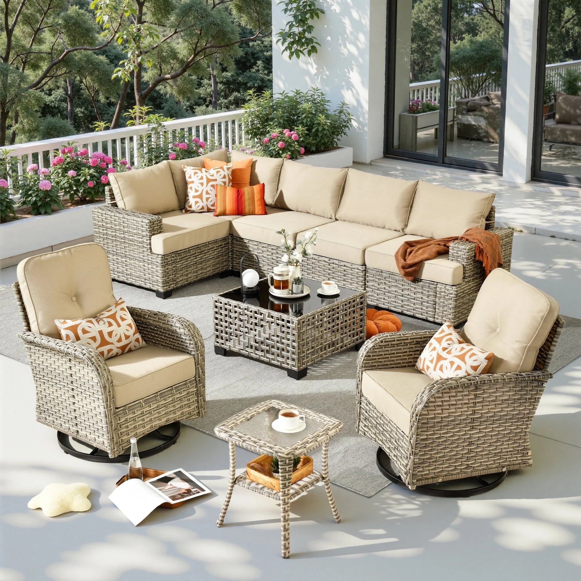 9 Pieces Patio Furniture Set outside Furniture Wicker Patio Conversation Set with Swivel Chairs, Outdoor Furniture for Garden, Beige