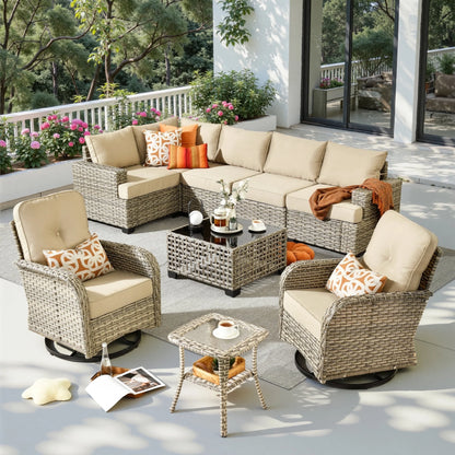 9 Pieces Patio Furniture Set outside Furniture Wicker Patio Conversation Set with Swivel Chairs, Outdoor Furniture for Garden, Beige