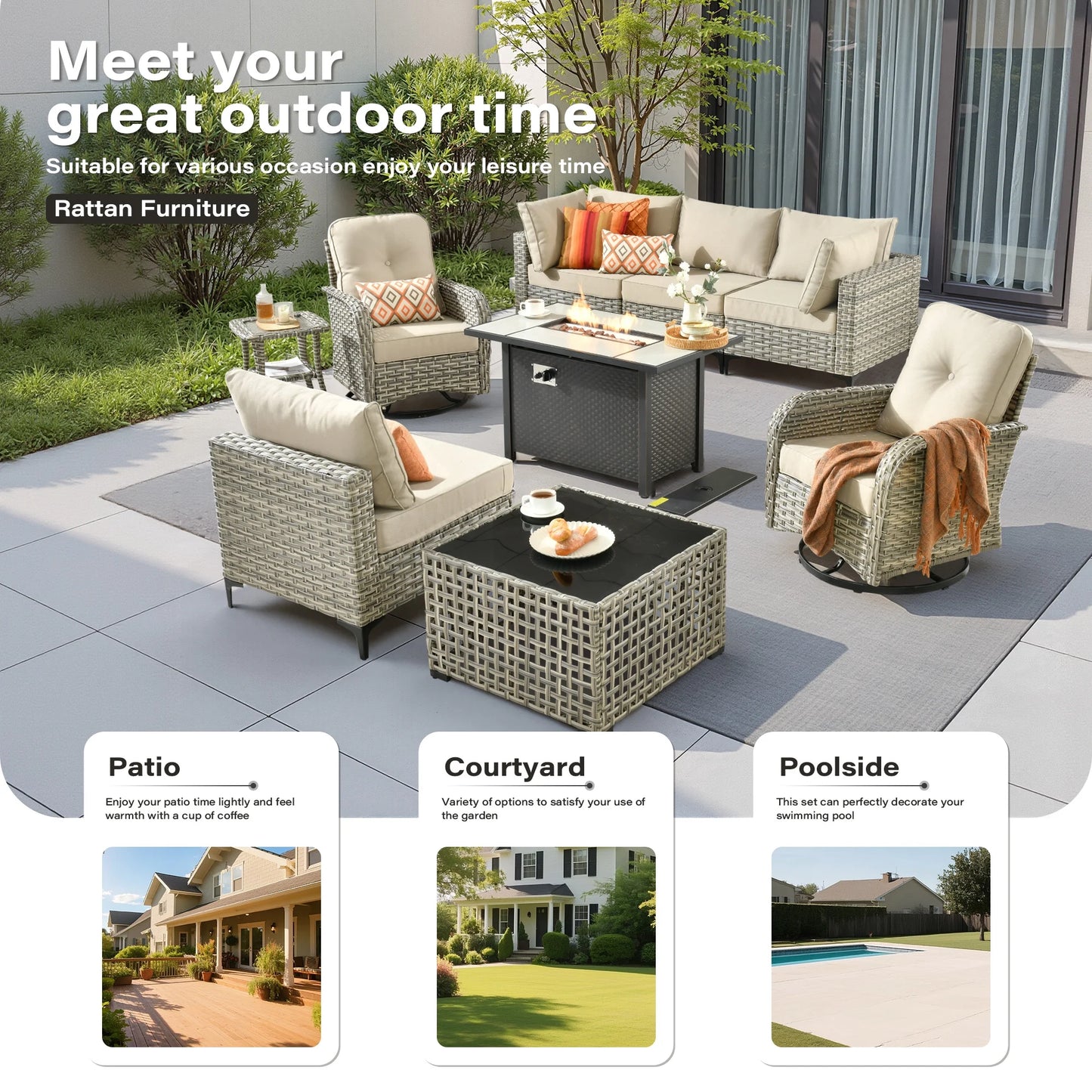 9 Pieces Patio Furniture Set All Weather Wicker Outdoor Conversation Set with 42" Fire Pit outside Furniture Patio Sofa with Swivel Chairs & Solar Table, Beige