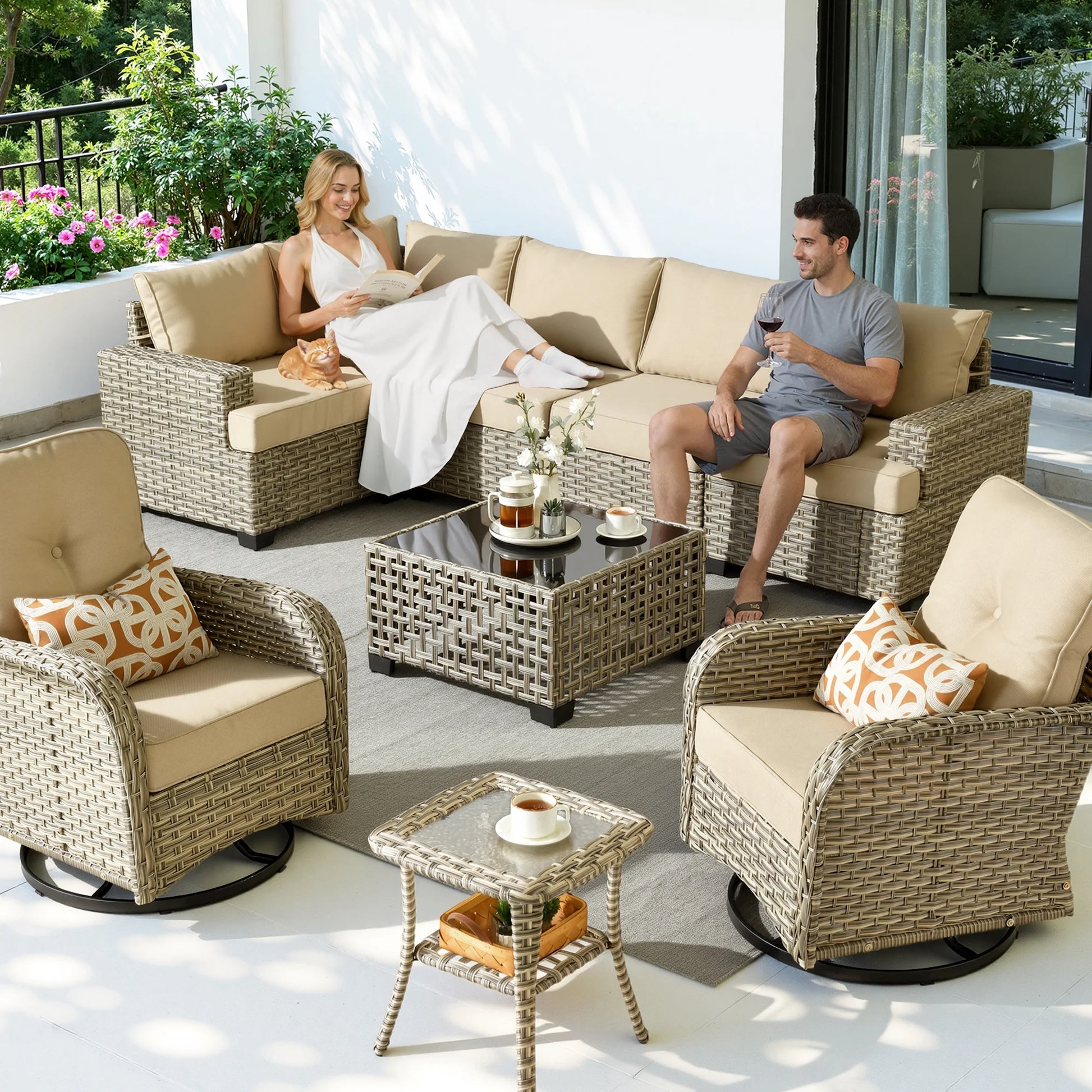 9 Pieces Patio Furniture Set outside Furniture Wicker Patio Conversation Set with Swivel Chairs, Outdoor Furniture for Garden, Beige