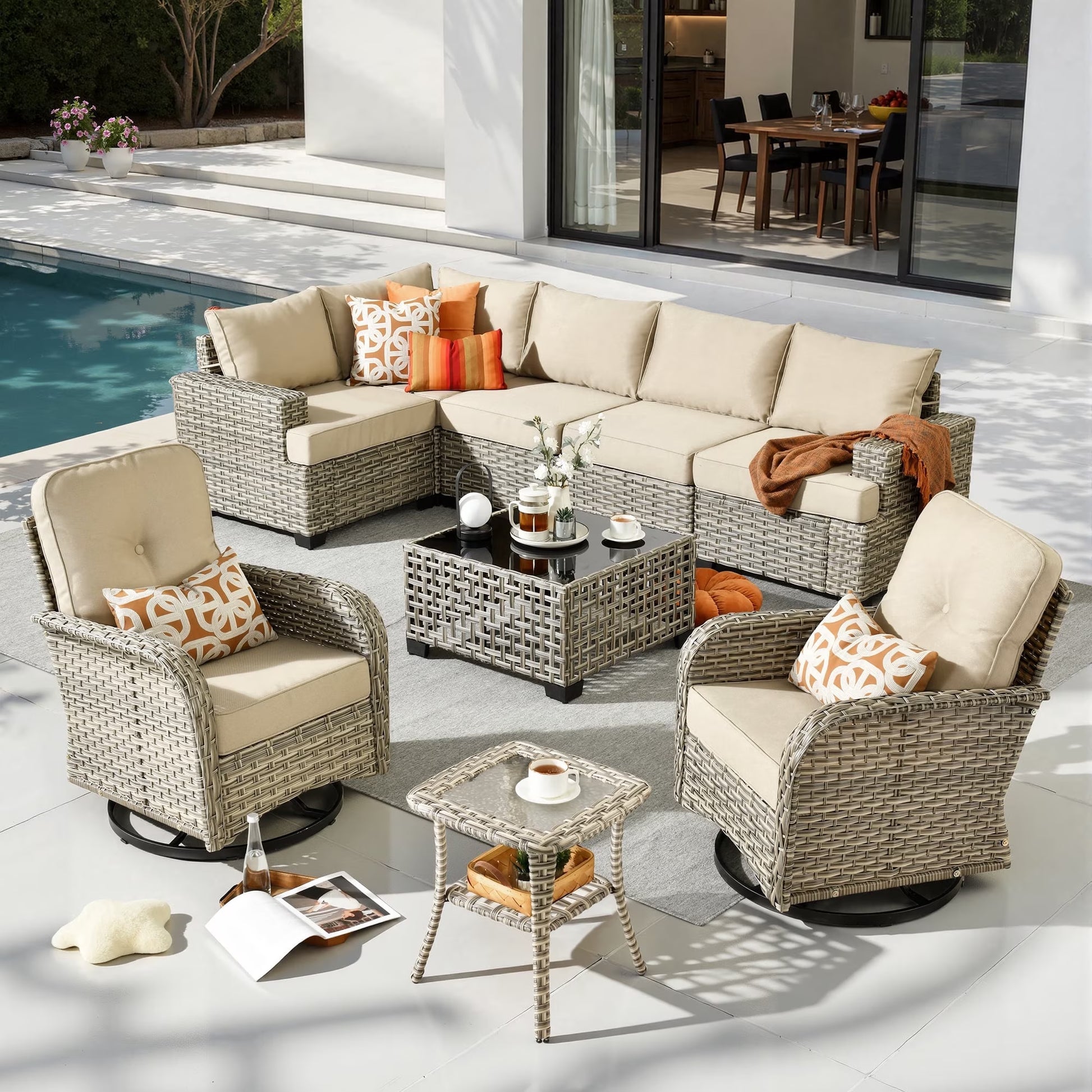 9 Pieces Patio Furniture Set outside Furniture Wicker Patio Conversation Set with Swivel Chairs, Outdoor Furniture for Garden, Beige