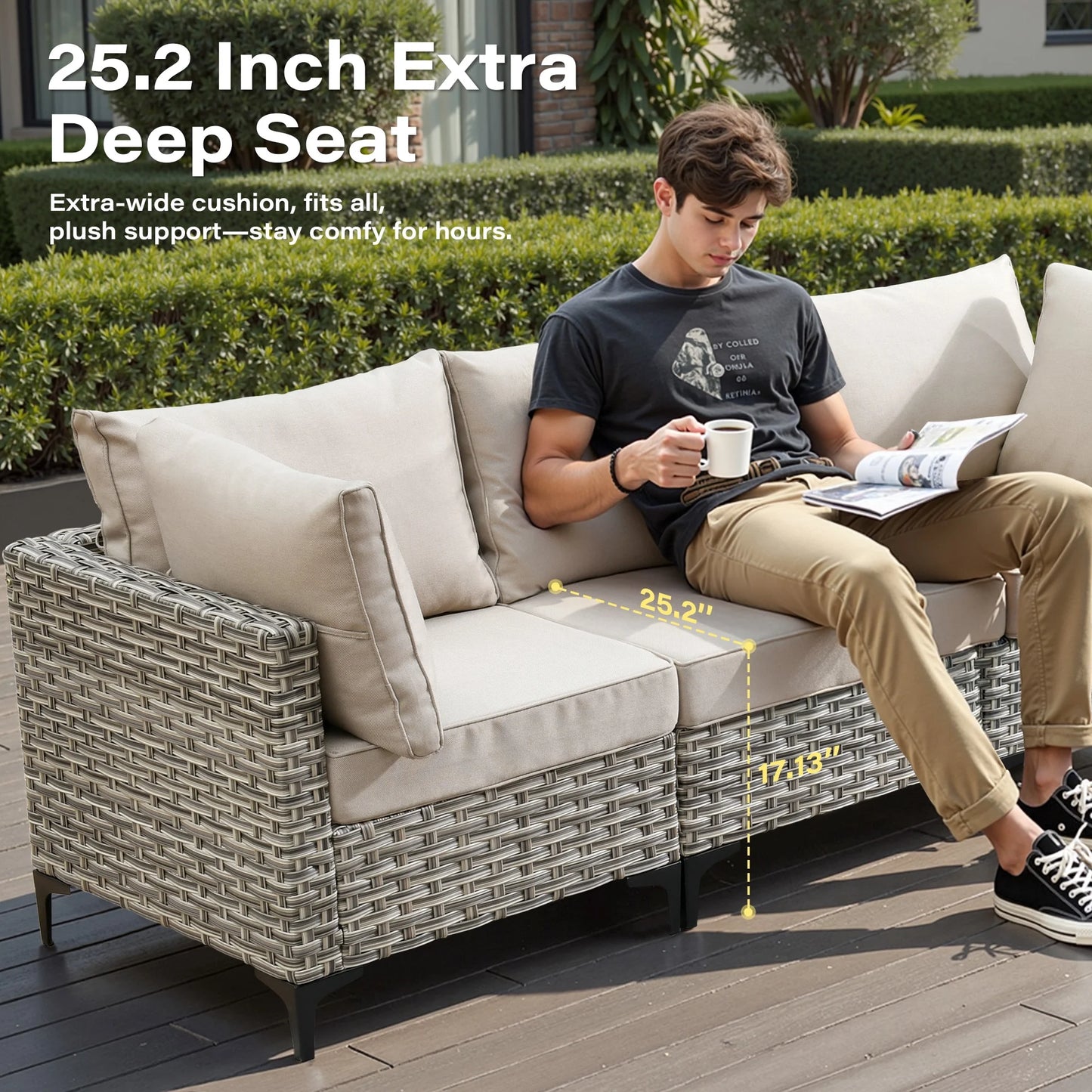 9 Pieces Patio Furniture Set All Weather Wicker Outdoor Conversation Set with 42" Fire Pit outside Furniture Patio Sofa with Swivel Chairs & Solar Table, Beige