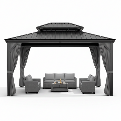 12'X14' Hardtop Gazebo, Heavy Duty Aluminum Permanent Hardtop Gazebo Outdoor Pavilion with Curtains and Netting for Garden