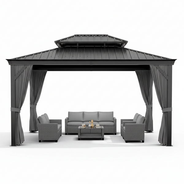 12'X14' Hardtop Gazebo, Heavy Duty Aluminum Permanent Hardtop Gazebo Outdoor Pavilion with Curtains and Netting for Garden