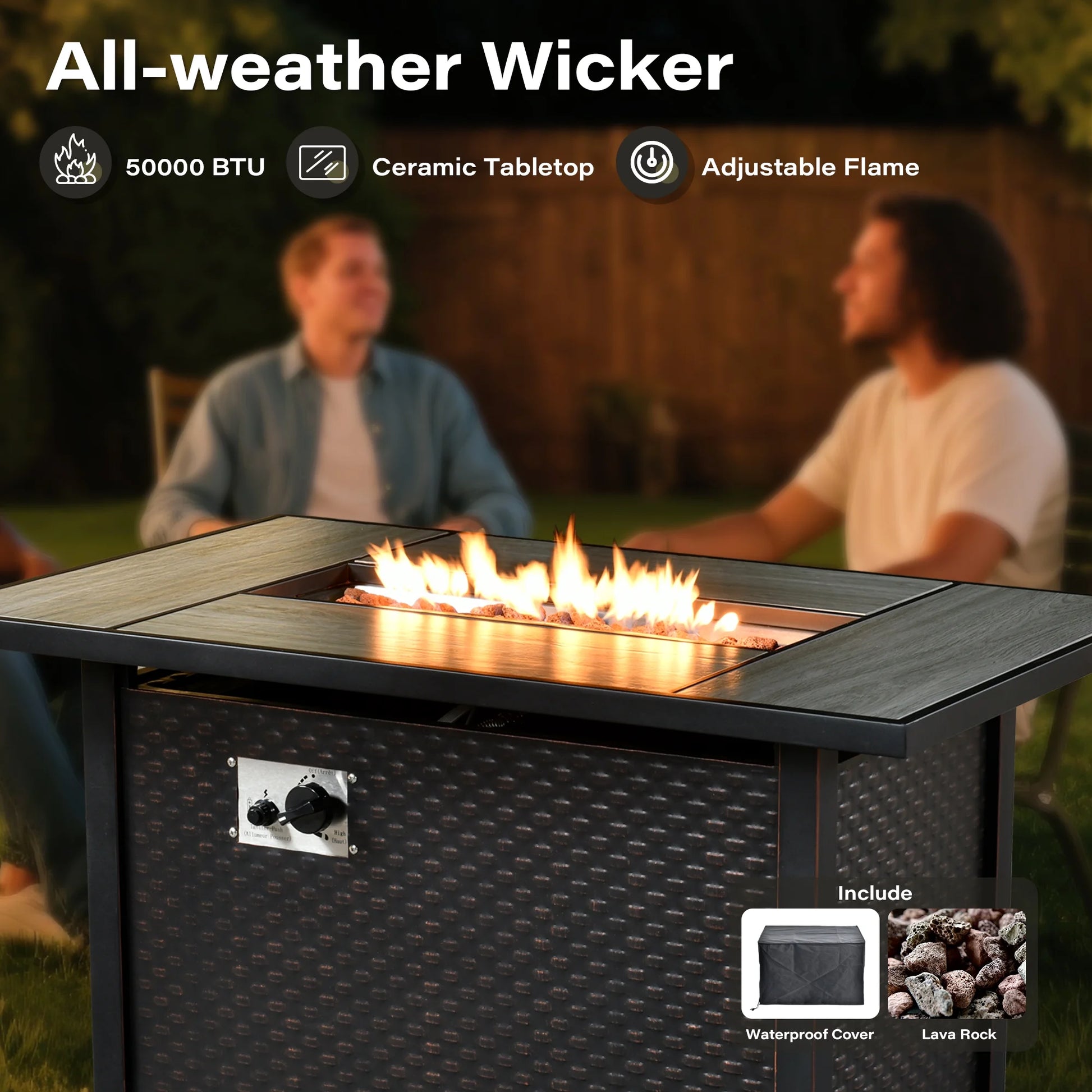 9 Pieces Patio Furniture Set All Weather Wicker Outdoor Conversation Set with 42" Fire Pit outside Furniture Patio Sofa with Swivel Chairs & Solar Table, Beige