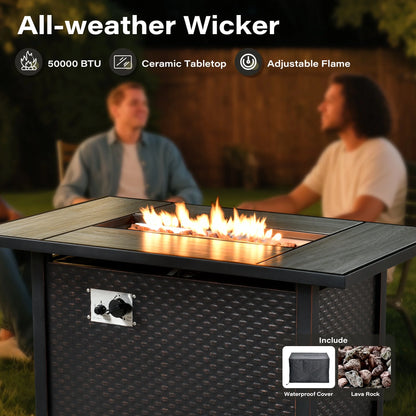 9 Pieces Patio Furniture Set All Weather Wicker Outdoor Conversation Set with 42" Fire Pit outside Furniture Patio Sofa with Swivel Chairs & Solar Table, Beige