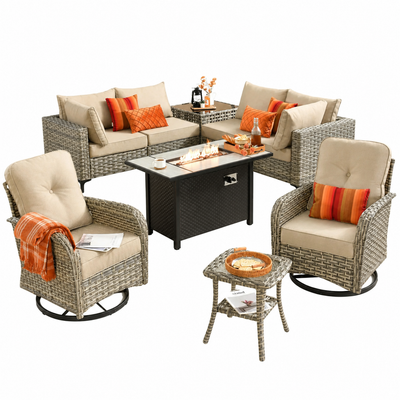 9 Pieces Patio Furniture Set All Weather Wicker Outdoor Conversation Set with 42" Fire Pit outside Furniture Patio Sofa with Swivel Chairs & Solar Table, Beige
