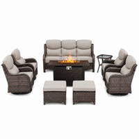 Patio Furniture Set Designed for Outdoor Living, 9 Pieces, Fire Pit Table, 6-Inch Thick Cushions, PE Wicker